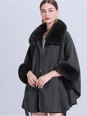 Faux Fur Trim Charcoal Cape Shrug Sweater